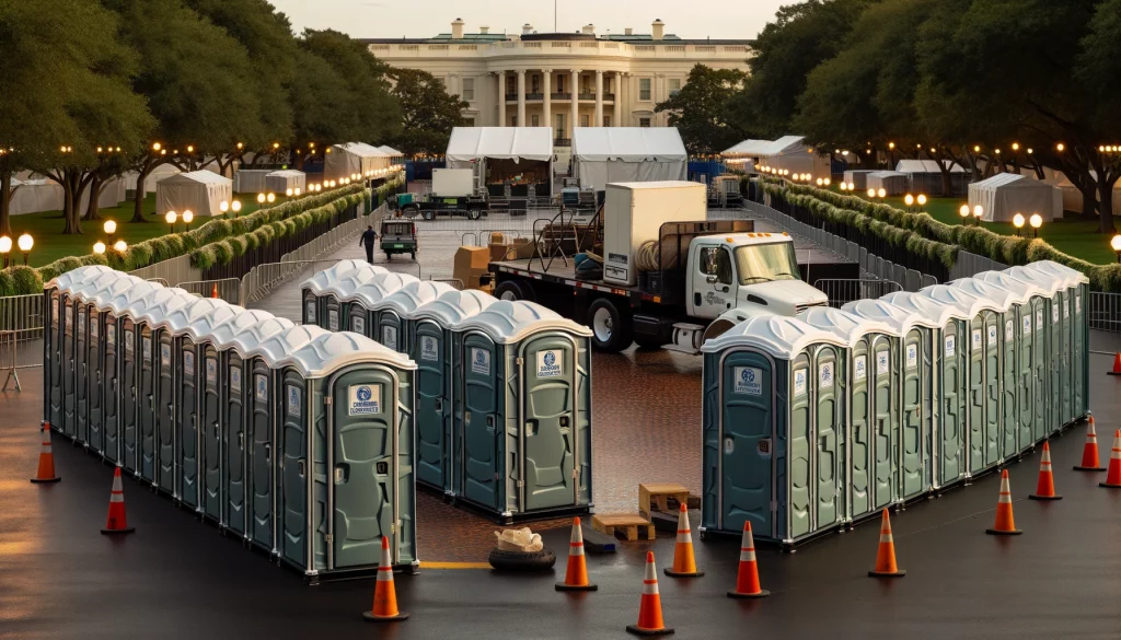Festival porta potty bank with barricades in Longmont, Colorado