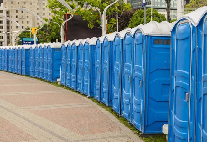 Seasonal porta potty units set up at a Longmont, Colorado venue